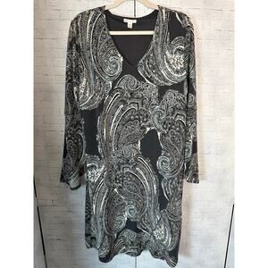 Cato sheath dress Paisley print V-neck bell sleeve grey Bohemian plus size￼